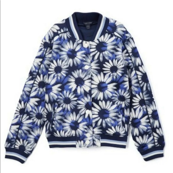 New Tommy Hilfiger Girl Blue Floral PrintBaseball Jacket Bomber Size M 8-10